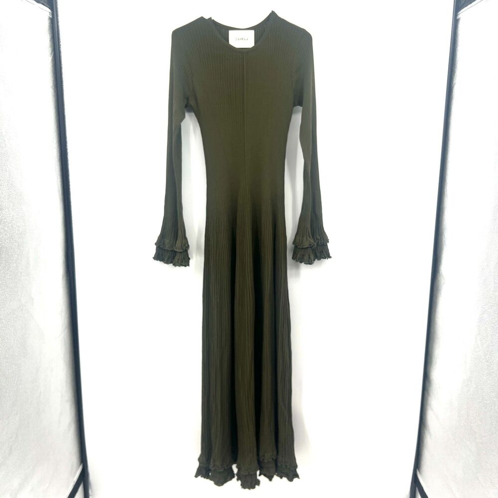 ZAHRAA Olive Green Ribbed Knit Maxi Dress Ruffle Bell Sleeve Fit Flare Sz L